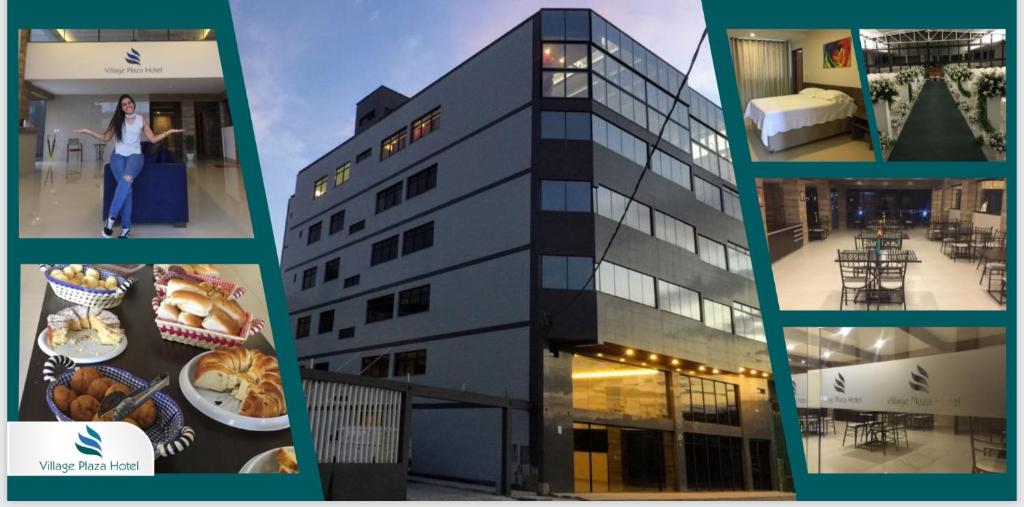 a collage of pictures of a building with food on it at Village Plaza Hotel in Barbacena