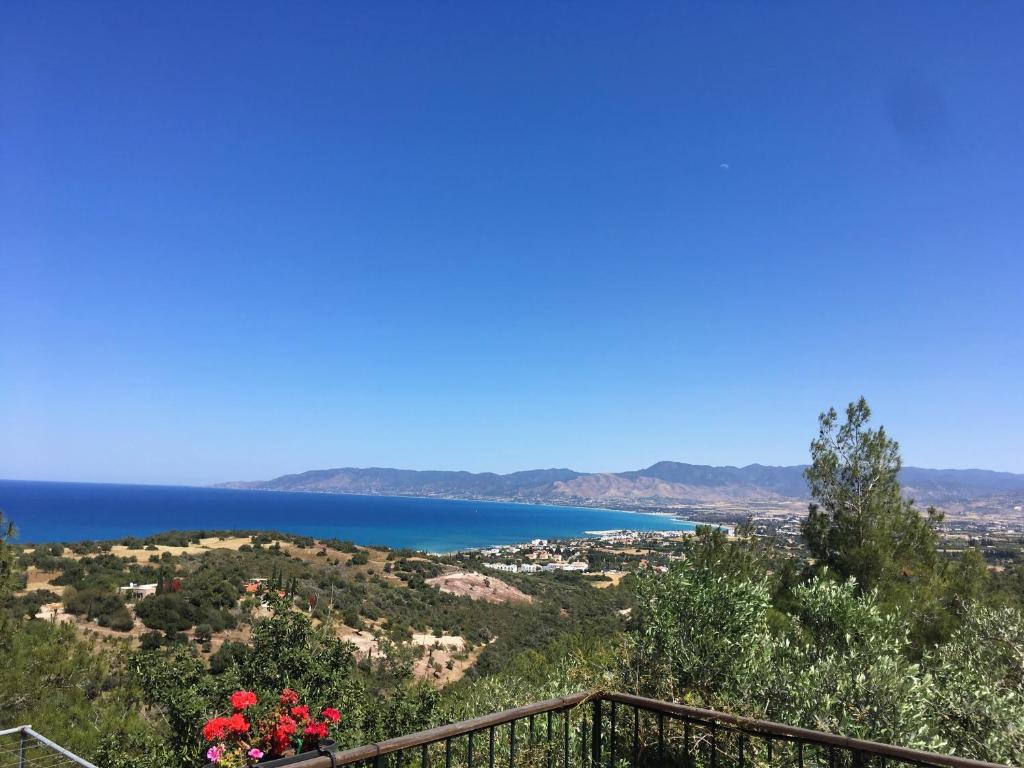 vistas al océano desde una colina con flores en Philip's Holiday House, en Neo Chorio