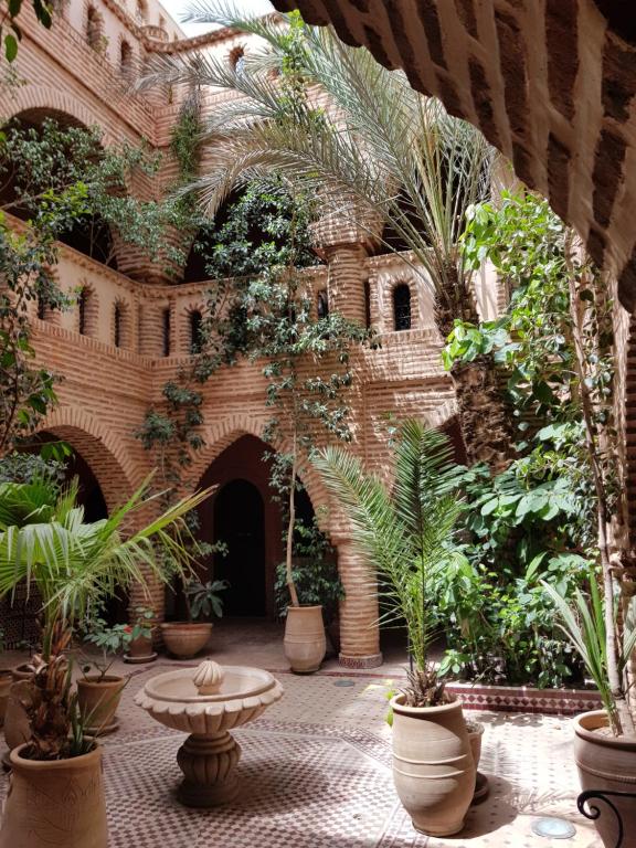 Hotel Salsabil في مراكش: ساحة مع مجموعة من النباتات في مبنى