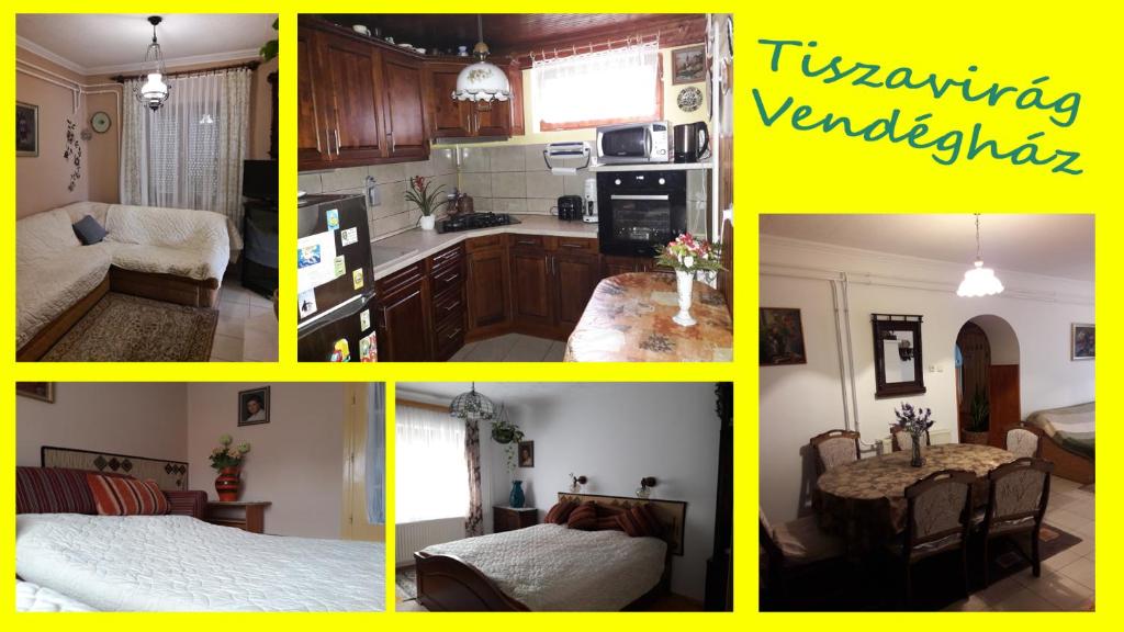a collage of pictures of a kitchen and a living room at Tiszavirág Vendégház in Abádszalók