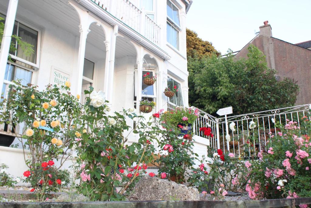 a white house with flowers in front of it at Silver Birch in Looe