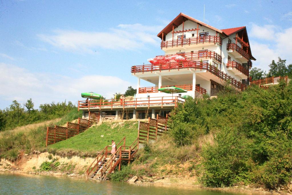 a building on the side of a hill next to the water at Pensiunea Belvedere Cincis in Cinciş