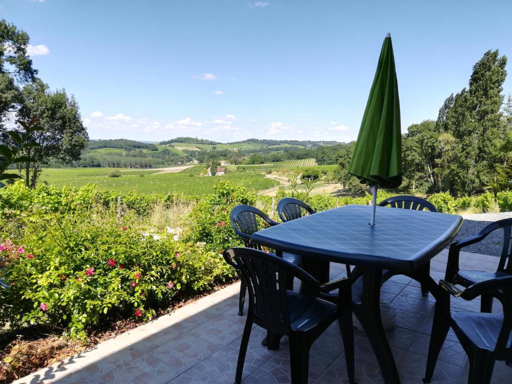 een blauwe tafel met stoelen en een groene parasol bij Les Vignes in Pomport