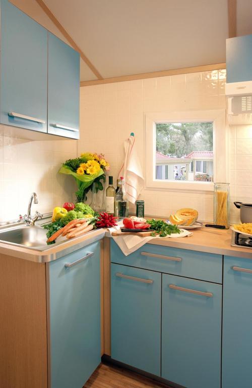 a kitchen with blue cabinets and fruits and vegetables on the counter at New Camping Le Tamerici in Marina di Cecina