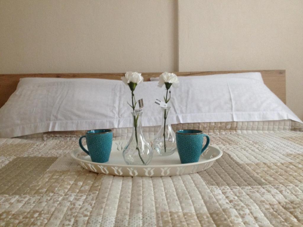 bandeja con dos tazas y flores en una cama en Sophia's Apartment, en Skála Foúrkas