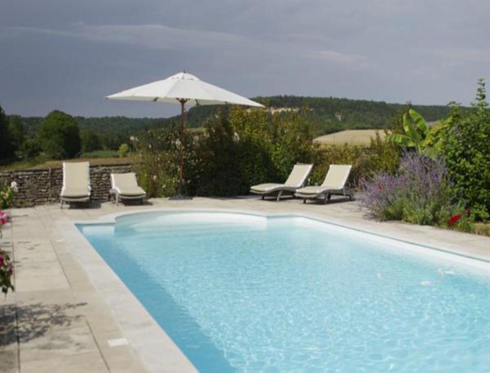 einen Pool mit Stühlen und einem Sonnenschirm in der Unterkunft Le Clos Du Murier in Chassignelles