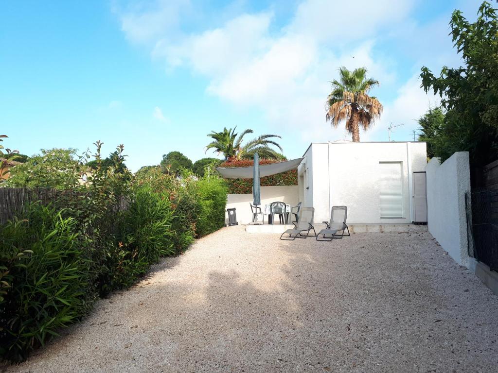 une maison blanche avec un palmier au sommet dans l'établissement le cube cassiopée, au Cap d'Agde