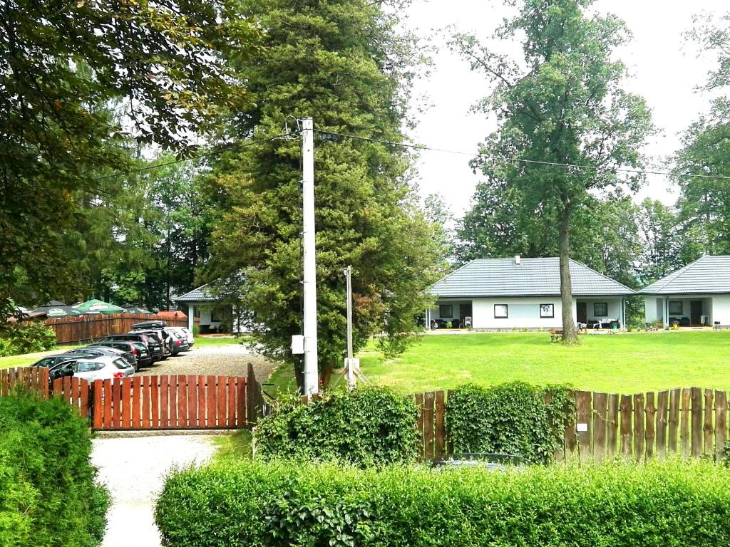 een huis met auto's geparkeerd voor een tuin bij Domki przy Dworskiej in Polańczyk