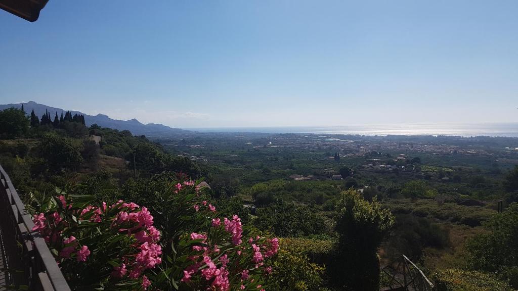 a view of a valley with pink flowers on a hill at Open Land Holiday House in Fiumefreddo di Sicilia