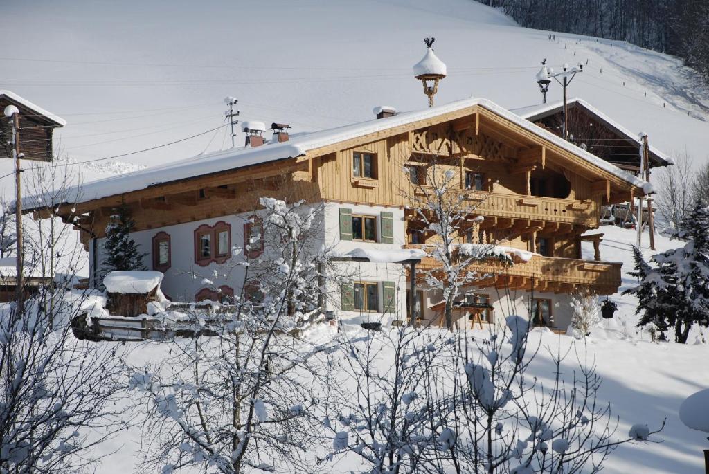 マリア・アルム・アム・シュタイナーネン・メアーにあるPension Berghofの雪中の大木造家屋