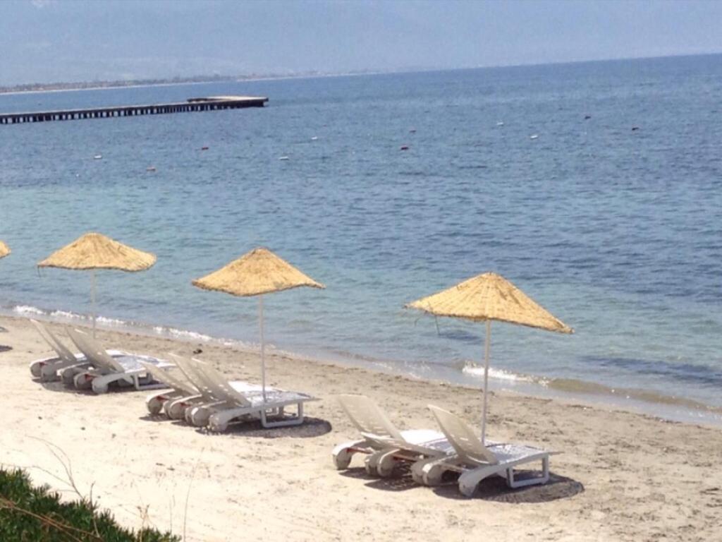 a group of chairs and umbrellas on a beach at Villa Anja in Kusadası