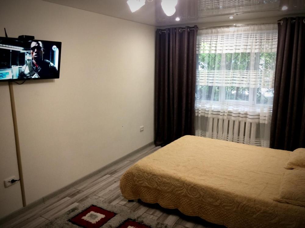 ピャチゴルスクにあるApartment Centerのベッドルーム1室(ベッド1台、壁掛けテレビ付)