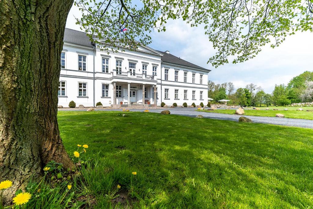 ein großes weißes Haus mit einem Baum im Vordergrund in der Unterkunft Gutshaus Groß Helle in Mölln