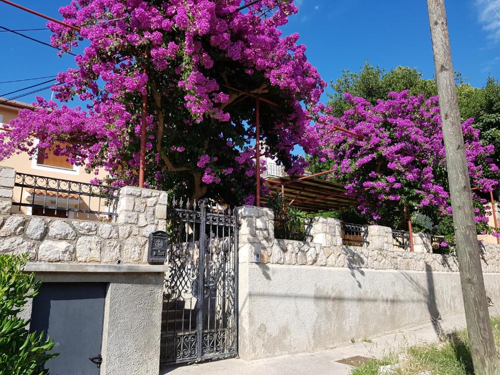 a fence with purple flowers on top of it at Apartments and Rooms Rosemari in Mali Lošinj