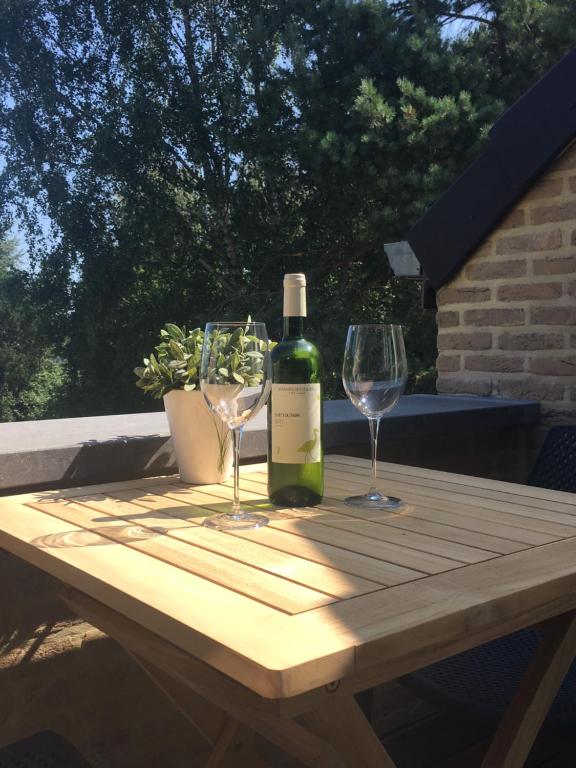 Una botella de vino y dos copas en una mesa de madera. en Greenhouse en Sart-lez-Spa