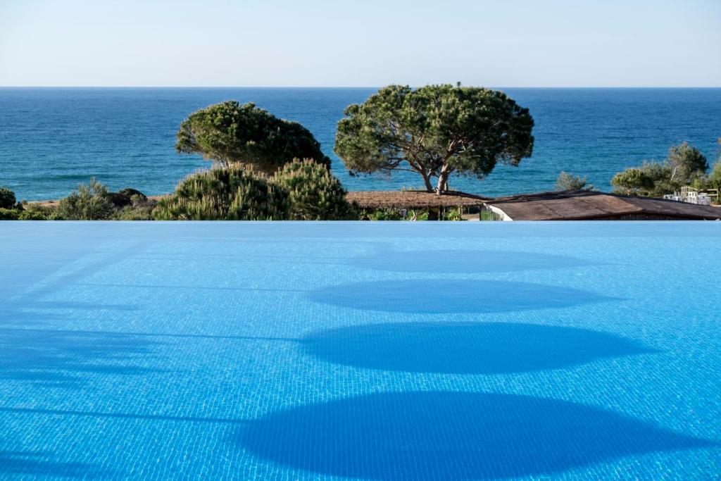a swimming pool with the ocean in the background at Vila Alba Resort in Carvoeiro