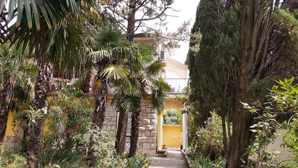 uma casa amarela com palmeiras em frente em Apartment Zara em Crikvenica