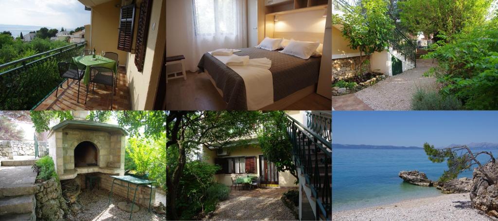 a collage of pictures of a hotel with a bed and a fireplace at Apartments Sonja Podgora in Podgora