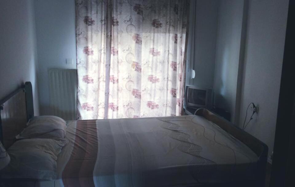 1 dormitorio con cama y ventana con cortina en Ariadne Apartments, en Néa Michanióna