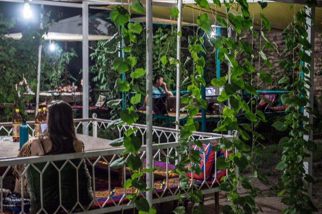 a woman sitting on a bench next to a ivy wall at Sakura Guesthouse in Bishkek