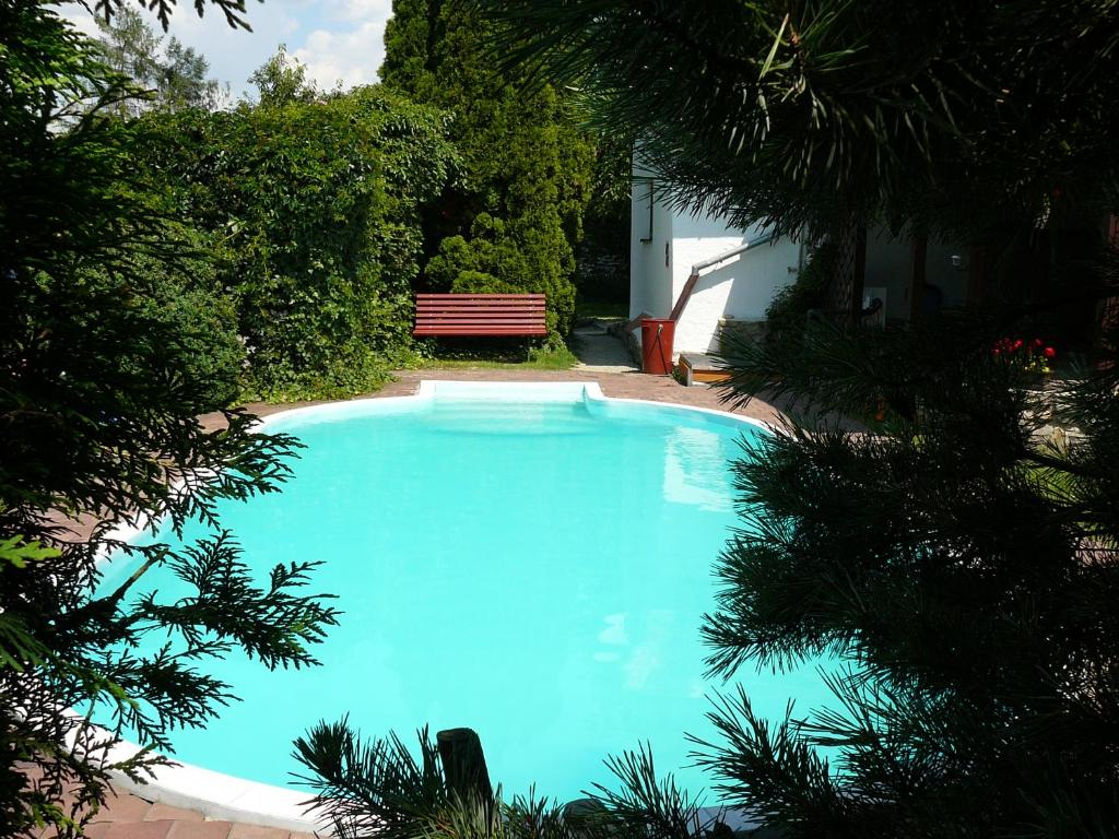 une grande piscine bleue avec un banc rouge dans l'établissement Chaloupka v Podyjí - Podmolí, à Podmolí
