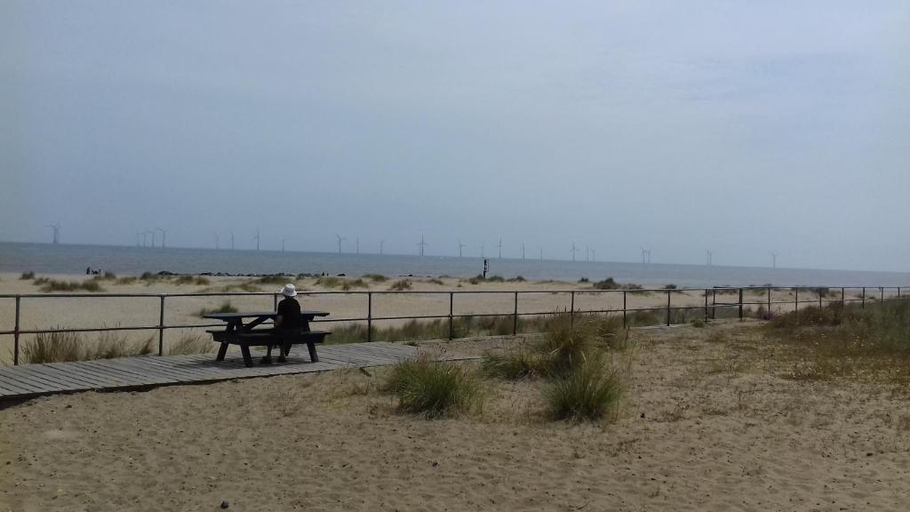 a person sitting at a picnic table next to the beach at Haven Holiday Home Caister on Sea in Ormesby Saint Margaret