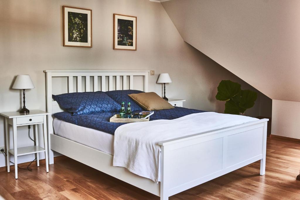 een slaapkamer met een wit bed met blauwe kussens bij Karolina in Polanica-Zdrój