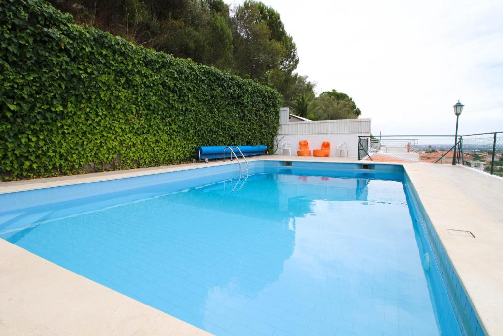 basen z niebieską wodą przed żywopłotem w obiekcie Casa da Serra w mieście Quinta do Anjo