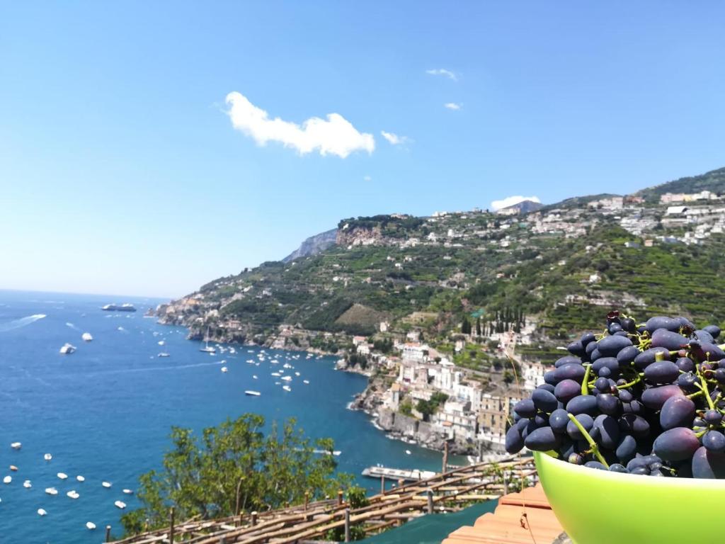 un tazón de uvas sentado en una cornisa con vistas al océano en Casa San Michele, en Minori