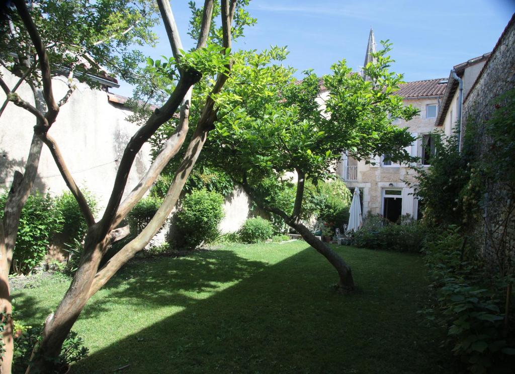 a yard with trees and a house in the background at Le Magnolia in La Rochefoucauld