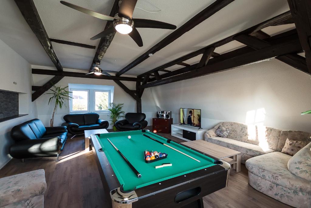 a living room with a pool table at Buri Island in Hoyerswerda