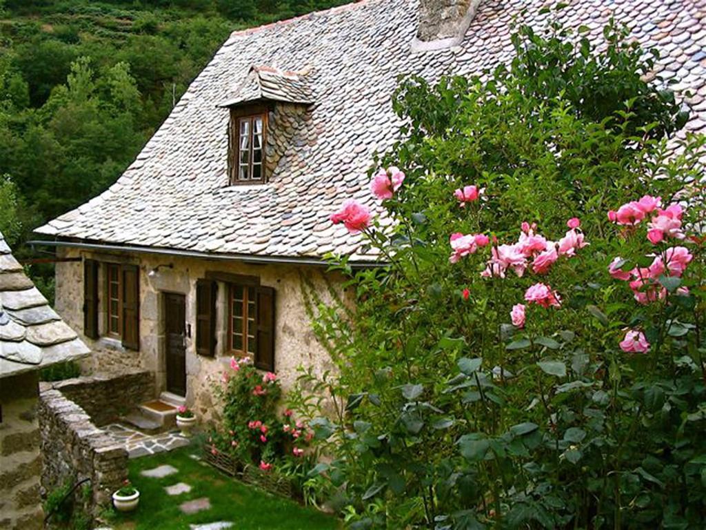 una piccola casa con rose rosa di fronte di L'Ancienne Ecole a Entraygues-sur-Truyère