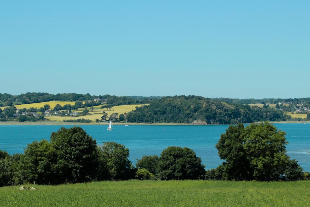 a view of a lake with a boat in the water at gite des ferrieres in La Ville-ès-Nonais