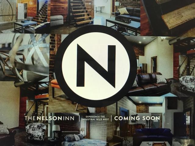 a collage of photos of a living room with a sign at The Nelson Inn in Sheridan