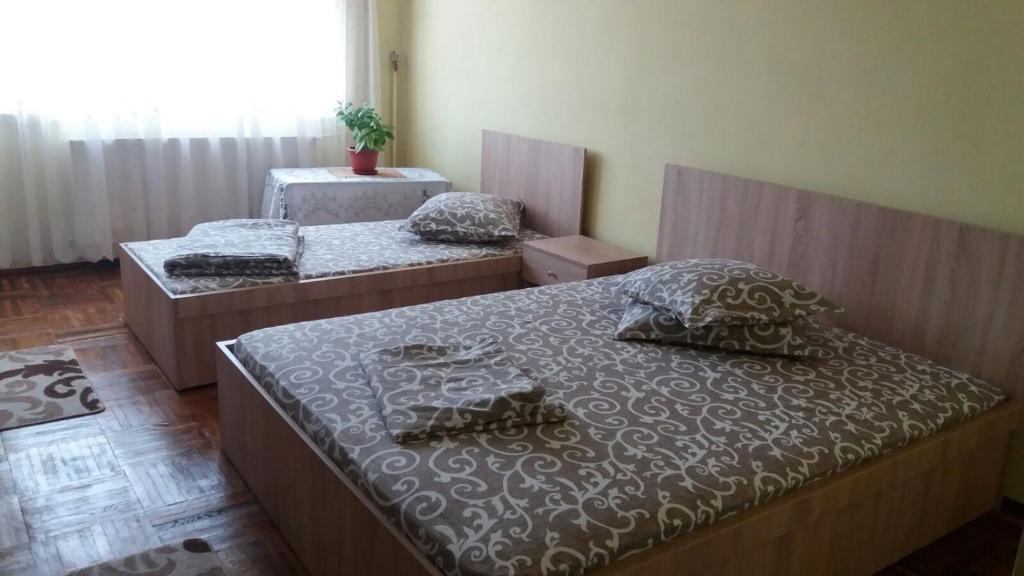 a bedroom with two beds and a window at Apartament cu 2 camere in Călimăneşti