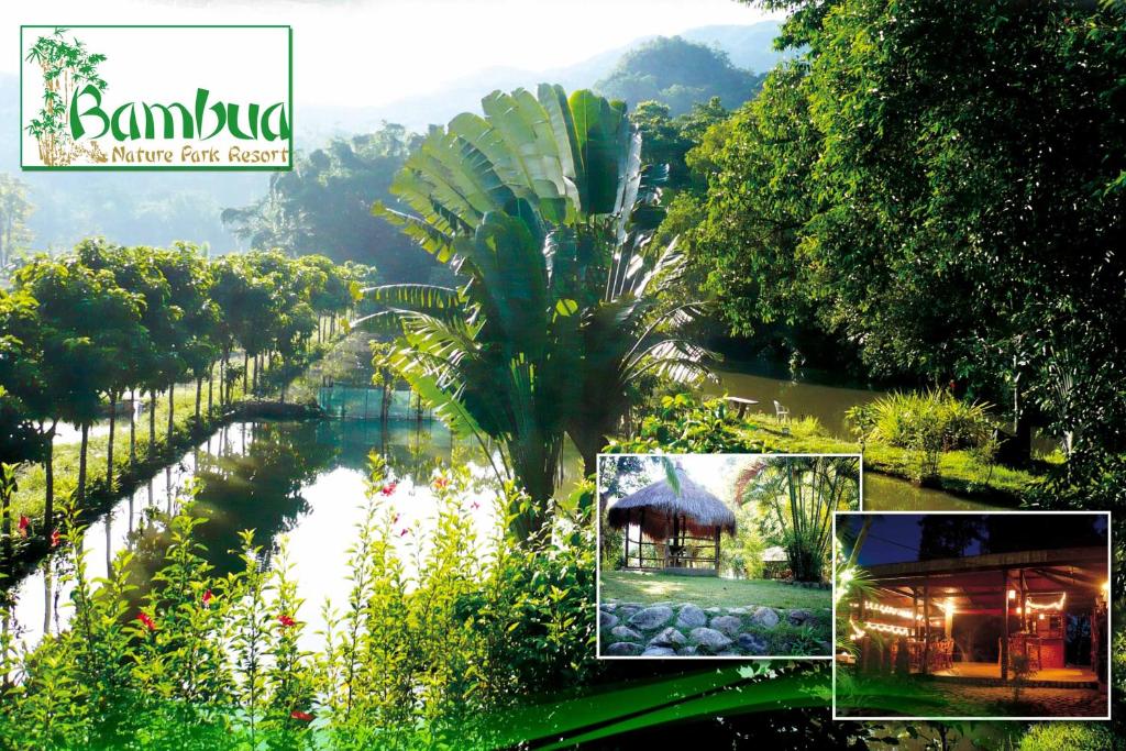 un collage de una imagen de un río y un edificio en Bambua Nature Cottages en Puerto Princesa