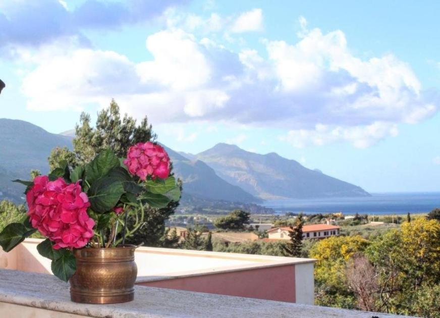 a vase with pink flowers sitting on a ledge at Villa Plaia in Castellammare del Golfo