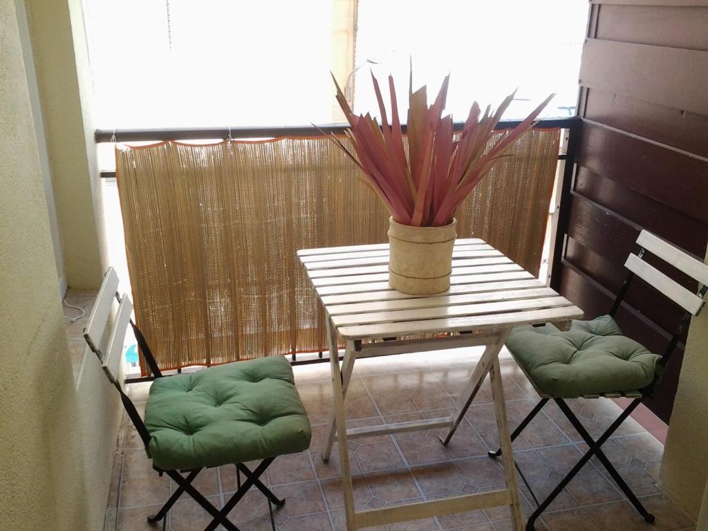 ビナロスにあるApartamento Estudio Linea de Playaのテーブル(椅子2脚付)、バルコニー(鉢植えの植物付)