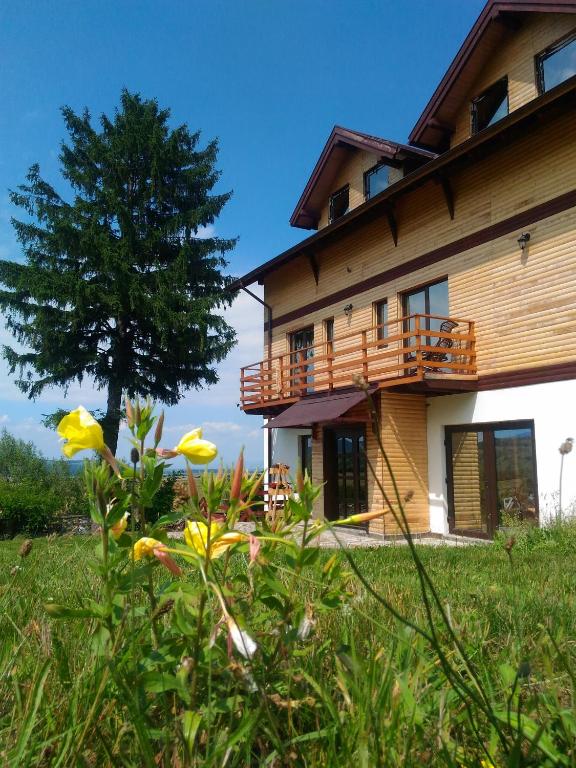 a house with a tree and flowers in the foreground at Vila Rem in Bran