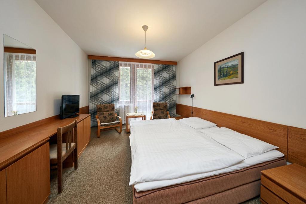 sypialnia z dużym łóżkiem i biurkiem w obiekcie Apartmany Firn w mieście Pec pod Sněžkou
