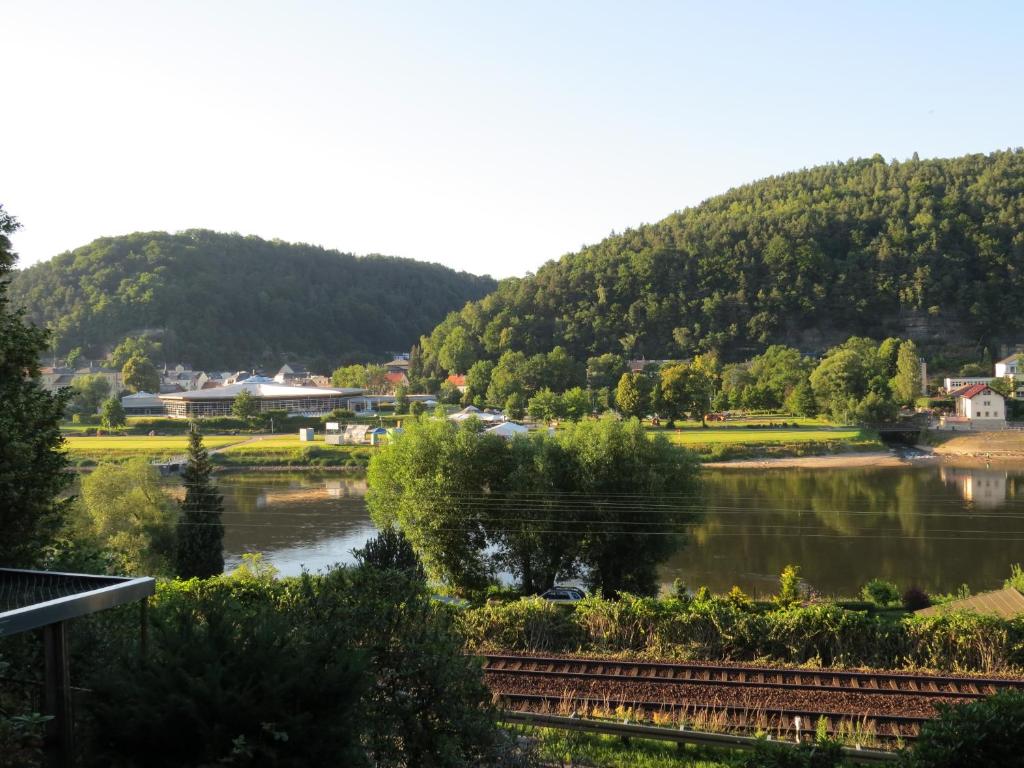 a view of a river with mountains in the background at Ferienwohnung Morgensonne in Bad Schandau