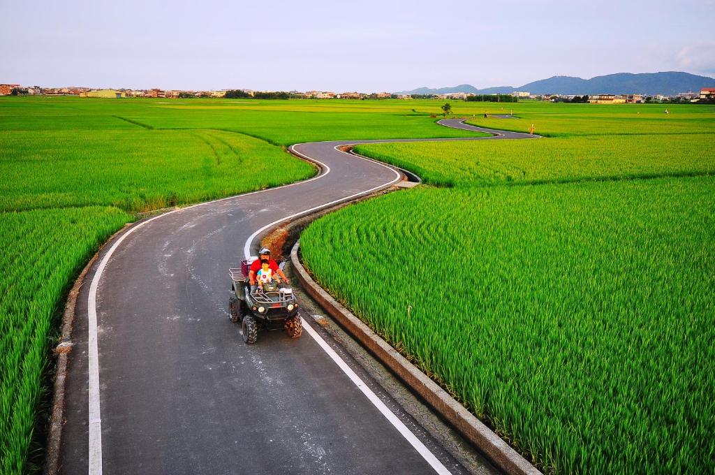a person riding a truck on a road through a field at Happy Orange Homestay in Dongshan