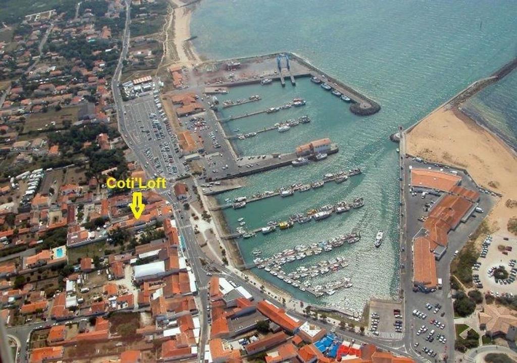 - une vue aérienne sur un port avec des bateaux dans l'eau dans l'établissement CotiLoft - Appartement Terrasse climatisé au cœur de La Cotinière, à La Cotinière