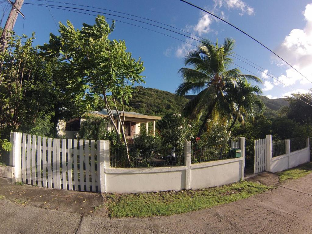 een wit hek voor een huis met een palmboom bij <CASA COLIBRI> La Désirade in Les Galets