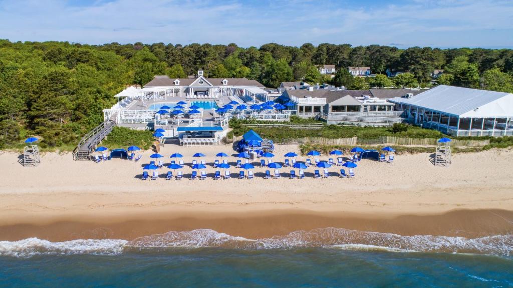 an aerial view of the resort from the beach at The Club at New Seabury in Mashpee