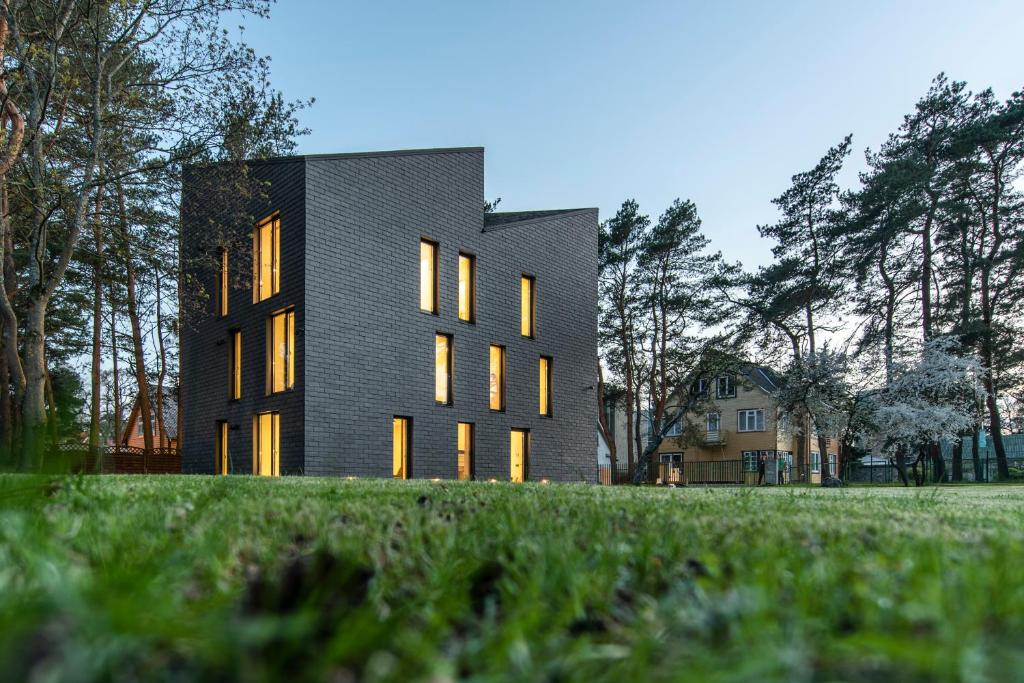 a black house on top of a grassy field at Juodasis Gintaras in Palanga