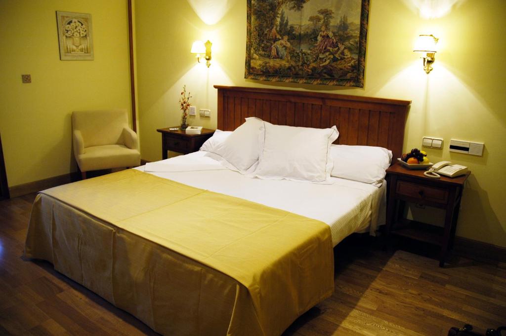トレドにあるホテル カソーナ デュ ラ レイナの大きなベッドと椅子が備わるホテルルームです。