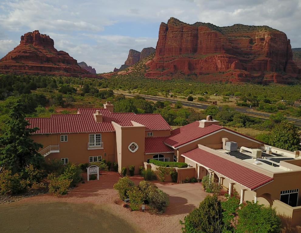 an aerial view of a house with mountains in the background at Canyon Villa Bed & Breakfast Inn of Sedona in Sedona