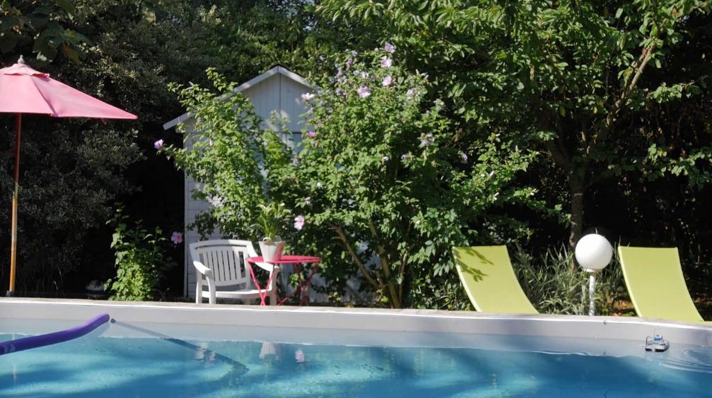 a pool with chairs and a table and an umbrella at La Ferme de Thoudiere in Saint-Étienne-de-Saint-Geoirs