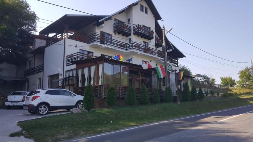 una casa blanca con un coche aparcado delante de ella en Pensiunea Pomi -Oesti, en Albeştii Pămînteni